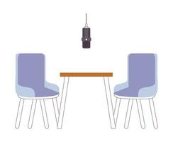 Radio interview studio recording room 2D cartoon object. Comfortable desk chairs with hanging microphone isolated vector item white background. Furniture, technology color flat spot illustration