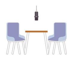 Radio interview studio recording room 2D cartoon object. Comfortable desk chairs with hanging microphone isolated vector item white background. Furniture, technology color flat spot illustration