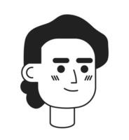 Indian adult man ponytail black and white 2D vector avatar illustration. Amused happy south asian guy cheerful outline cartoon character face isolated. Positive flat user profile image, portrait