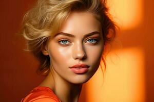 European Model with Orange and Apricot Makeup for Advertising Projects - Generative AI photo