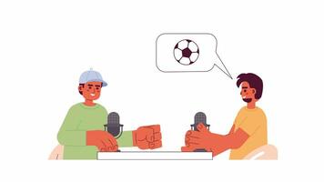 fútbol aficionados que se discute partido con micrófonos 2d caracteres animación. podcast Deportes locutores plano dibujos animados 4k video, transparente alfa canal. mic comentaristas animado personas en blanco antecedentes video