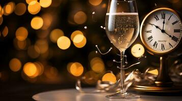 ai generative  New years eve champagne with bokeh light and clock photo