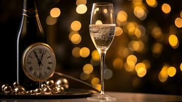 ai generative  New years eve champagne with bokeh light and clock photo