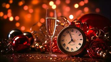 ai generative  New years eve champagne with bokeh light and clock photo