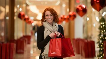 ai generative  People of different ethnicity, age and gender holding christmas shopping gift bags in mall all over the world photo