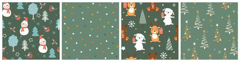 Set of seamless patterns with winter forest, cute animals, snowmen, festive abstract Christmas trees. Vector graphics.