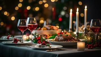 ai generative Christmas Dinner tabletop, beautifully decorated with creamy bokeh christmas lights in the background photo