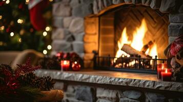 ai generative beautifully decorated christmas home with fireplace photo