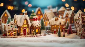 ai generative Christmas gingerbread houses and village close up shot of decorated gingerbread cookies photo