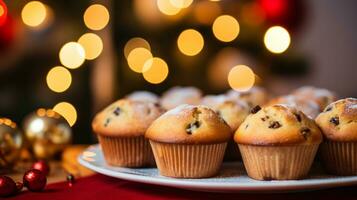 ai generative Close up shot of christmas muffins with decorations and a blurred christmas background photo