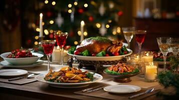 ai generativo Navidad cena mesa, hermosamente decorado con cremoso bokeh Navidad luces en el antecedentes foto