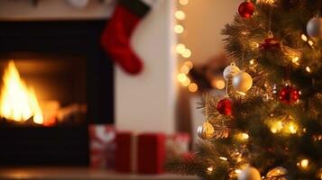 ai generative beautifully decorated christmas home with fireplace photo