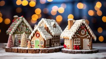 ai generative Christmas gingerbread houses and village close up shot of decorated gingerbread cookies photo