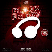 black friday poster with headphones and red brick background psd