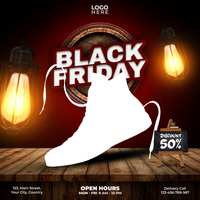 zwart vrijdag poster met een schoen en lamp psd