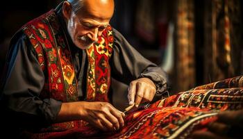 un antiguo hombre es Costura un alfombra en un telar ai generado foto