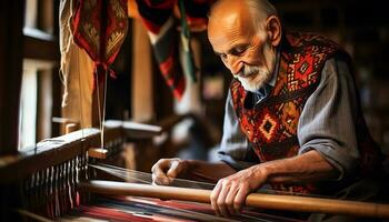 un hombre es trabajando en un reloj en un taller ai generado foto