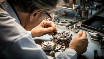 un hombre es trabajando en un reloj en un taller ai generado foto