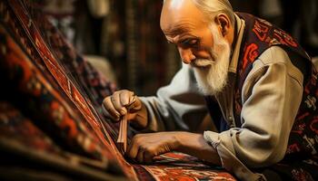 an old man is weaving a rug on a loom AI Generated photo