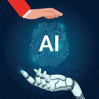 Ai electronic brain, human and robot hand with artificial intelligence hanging brain, human and ai help each other concept vector