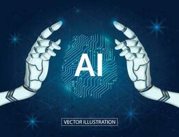 Ai electronic brain, robot hands with artificial intelligence hanging over brain, ai have thinking concept vector