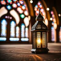 Happy ramadan lamp in mosque, AI generated photo