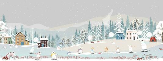 Winter landscape,Seamless pattern Christmas night cute polar bear family playing ice skate on hills,Vector  seamless Winter wonderland bear celebrating in forest,Merry Christmas,New year background vector