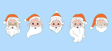 Cartoon Santa Claus face, Christmas head character, set of Santa with sunglasses. New Year mascot, Vintage character. vector