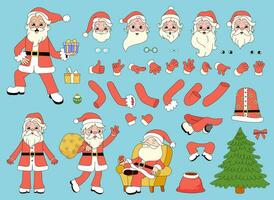 Cartoon character Santa Claus animation set. Groovy mascot creation kit of Christmas grandfather. Retro Santa Clause character constructor with emotions, gestures. vector