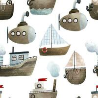 Cute seamless pattern boats. Sea seamless pattern. Cute sailboat , ships, sails, boats, water transport. Sea life. Isolated background vector