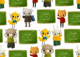 bosque animales estudiar a escuela. linda dibujos animados caracteres, espalda a escuela. animales estar cerca un verde colegio tablero vector