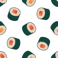 Maki sushi seamless vector pattern. Tasty Japanese roll with raw salmon, tuna, rice wrapped in nori seaweed. Fresh Asian snack, fish delicacy. Hand drawn seafood. Flat cartoon background for print