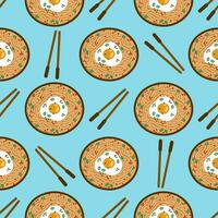 Ramen and chopsticks seamless vector pattern. Tasty Asian soup with noodles, fried egg, green onions, sesame. Hot spicy food in a bowl on the table, top view. Flat cartoon background for print, web