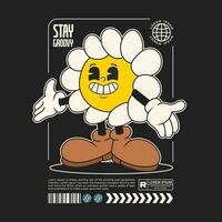 daisy flower groovy character 90s design illustration with slogan, retro cartoon character vector