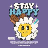 daisy flower groovy character 90s design illustration with slogan, retro cartoon character vector