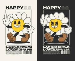 daisy flower groovy character 90s design illustration with slogan, retro cartoon character vector