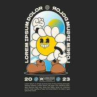 daisy flower groovy character 90s design illustration with slogan, retro cartoon character vector