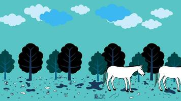 animación con burros y caballo caminando en el campo, animación, paisaje con caballo en el campo, dibujos animados caballo caminando en el salvaje, caminando en el campo video