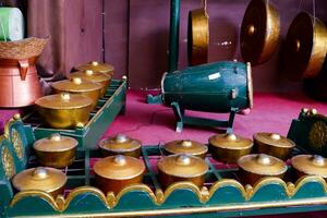 Batu - Indonesia, October 08, 2023. A set of traditional Javanese musical instruments called gamelan. photo