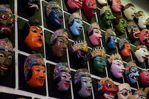 Batu - Indonesia, October 08, 2023. Various types of forms of Malangan Masks originating from Malang district. photo