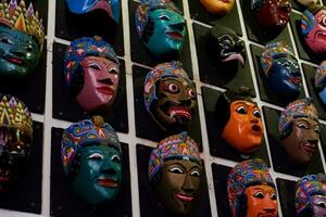 Batu - Indonesia, October 08, 2023. Various types of forms of Malangan Masks originating from Malang district. photo