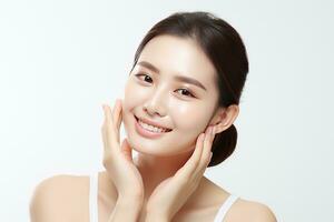 beautiful woman is touching her face with hands looking healthy and clean face, facial care, beauty salon, AI Generated photo