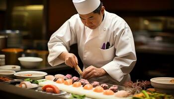 a chef is preparing sushi on a cutting board AI Generated photo