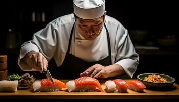 un cocinero es preparando Sushi en un corte tablero ai generado foto