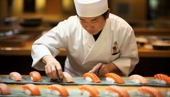 a chef is preparing sushi on a cutting board AI Generated photo