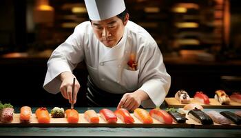 un cocinero es preparando Sushi en un corte tablero ai generado foto