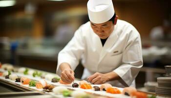 un cocinero es preparando Sushi en un corte tablero ai generado foto