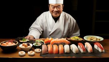 un cocinero es preparando Sushi en un corte tablero ai generado foto