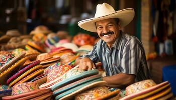 a man in a hat is working on a table with colorful hats Ai Generated photo