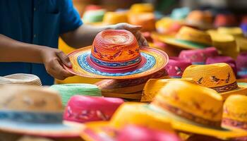 a man in a hat is working on a table with colorful hats Ai Generated photo